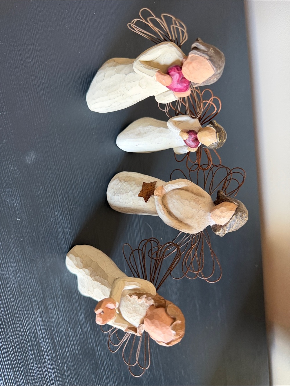 Handcrafted Angel Figurine Set with Copper Wire Wings - Cream & Pink